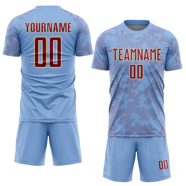 Custom Light Blue Crimson-Cream Curve Lines Sublimation Soccer Uniform Jersey