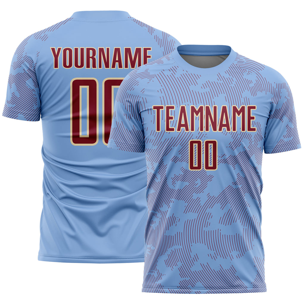 Custom Light Blue Crimson-Cream Curve Lines Sublimation Soccer Uniform Jersey