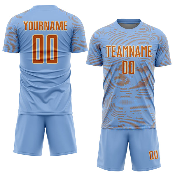 Custom Light Blue Texas Orange-Cream Curve Lines Sublimation Soccer Uniform Jersey