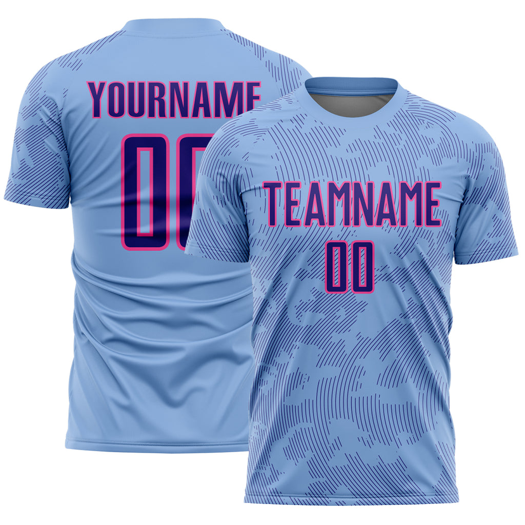 Custom Light Blue Dark Purple-Pink Curve Lines Sublimation Soccer Uniform Jersey
