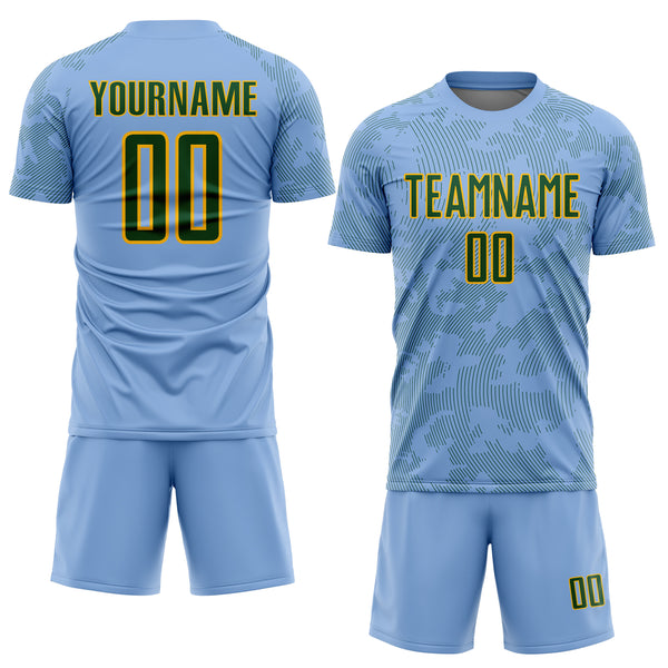 Custom Light Blue Green-Gold Curve Lines Sublimation Soccer Uniform Jersey