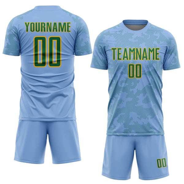 Custom Light Blue Kelly Green-Gold Curve Lines Sublimation Soccer Uniform Jersey