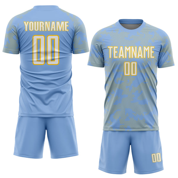 Custom Light Blue White-Yellow Curve Lines Sublimation Soccer Uniform Jersey