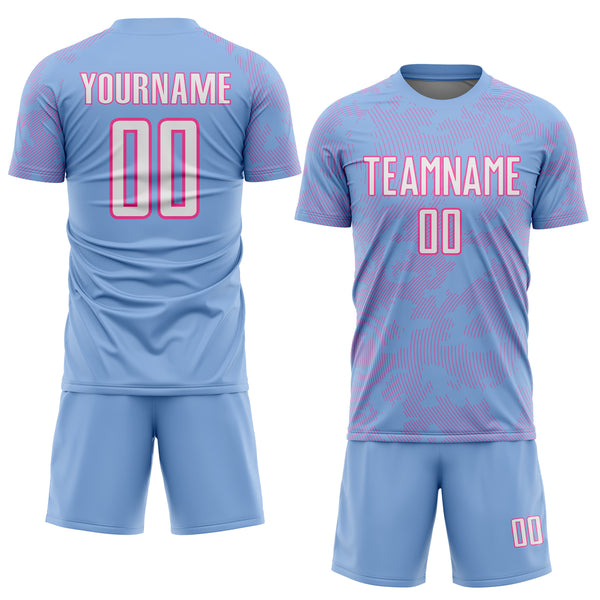 Custom Light Blue White-Pink Curve Lines Sublimation Soccer Uniform Jersey