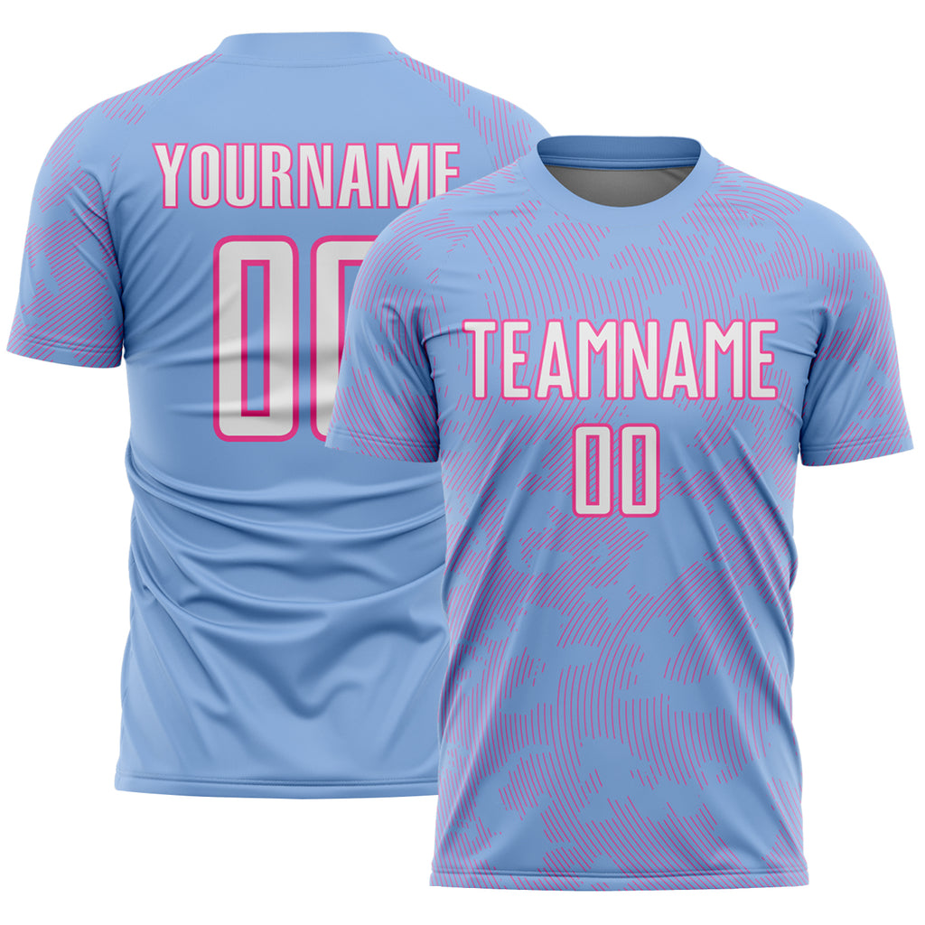 Custom Light Blue White-Pink Curve Lines Sublimation Soccer Uniform Jersey