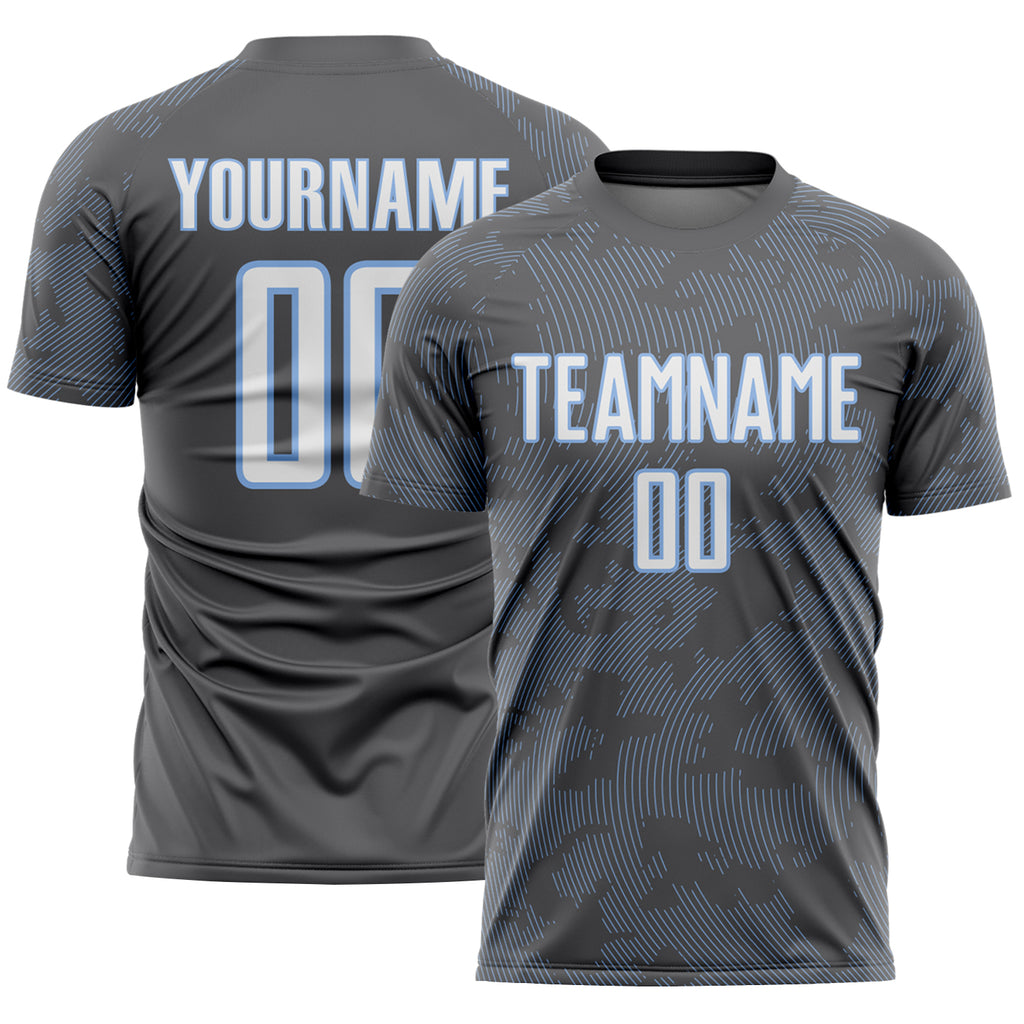 Custom Steel Gray White-Light Blue Curve Lines Sublimation Soccer Uniform Jersey