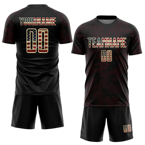 Custom Black Vintage USA Flag Crimson-Cream Curve Lines Sublimation Soccer Uniform Jersey