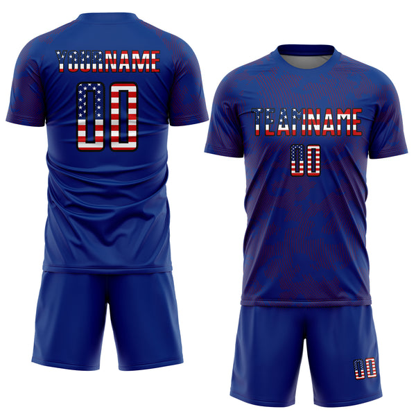Custom Royal USA Flag Red-Black Curve Lines Sublimation Soccer Uniform Jersey