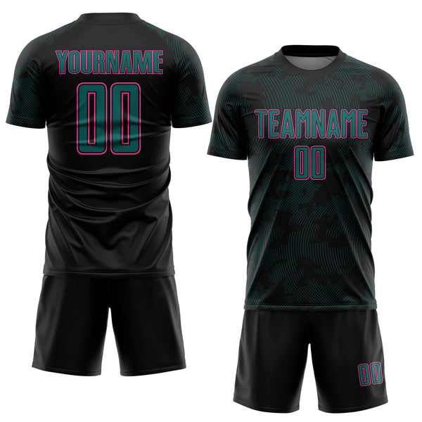 Custom Black Pink-Teal Curve Lines Sublimation Soccer Uniform Jersey