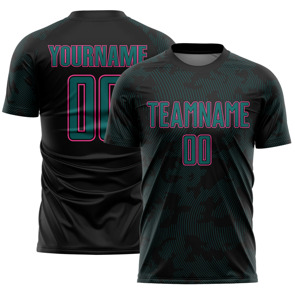 Custom Black Pink-Teal Curve Lines Sublimation Soccer Uniform Jersey