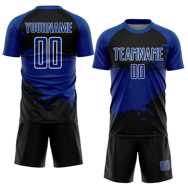 Custom Royal Black-White Splash Color Block Sublimation Soccer Uniform Jersey