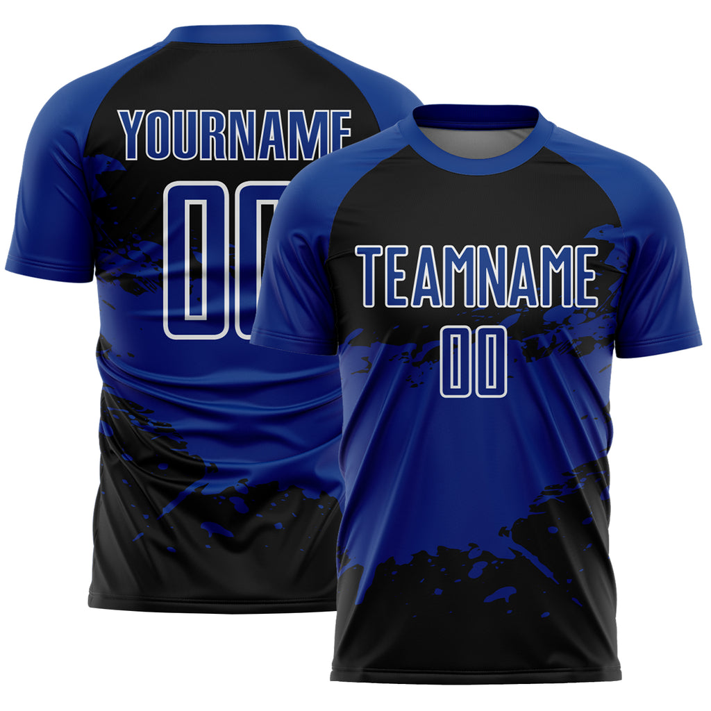 Custom Royal Black-White Splash Color Block Sublimation Soccer Uniform Jersey