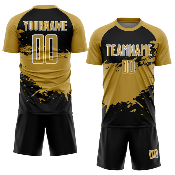 Custom Old Gold Black-White Splash Color Block Sublimation Soccer Uniform Jersey