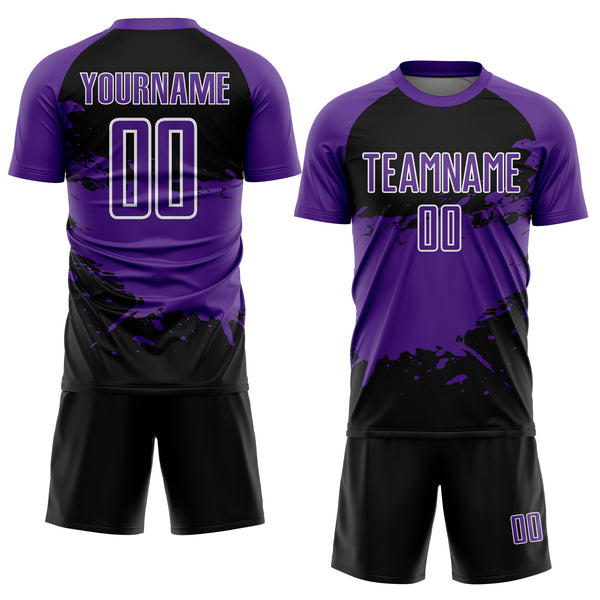 Custom Purple Black-White Splash Color Block Sublimation Soccer Uniform Jersey