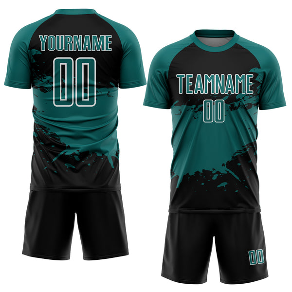 Custom Teal Black-White Splash Color Block Sublimation Soccer Uniform Jersey