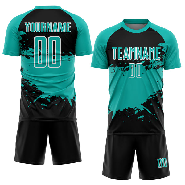 Custom Aqua Black-White Splash Color Block Sublimation Soccer Uniform Jersey