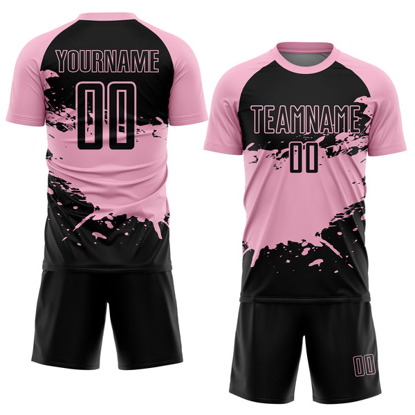 Custom Light Pink-Black Splash Color Block Sublimation Soccer Uniform Jersey