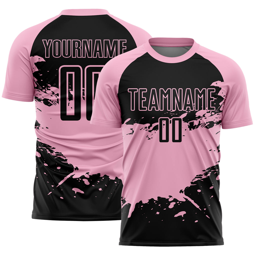 Custom Light Pink-Black Splash Color Block Sublimation Soccer Uniform Jersey