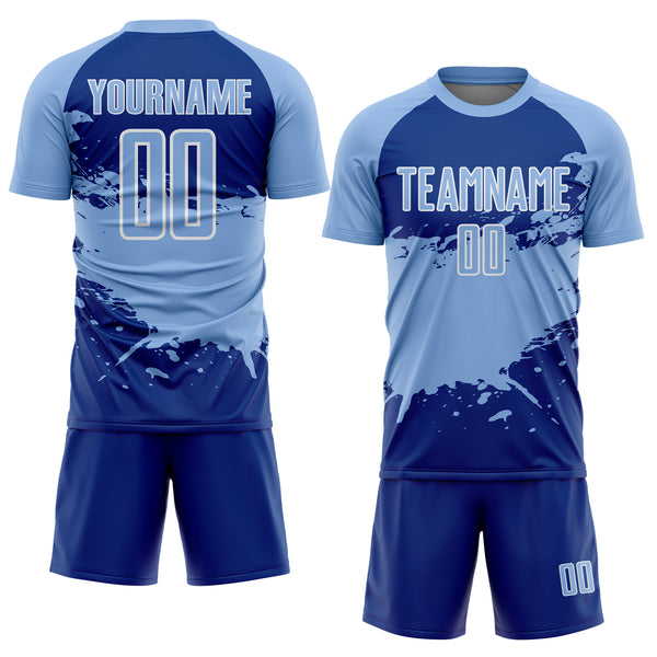 Custom Light Blue Royal-White Splash Color Block Sublimation Soccer Uniform Jersey
