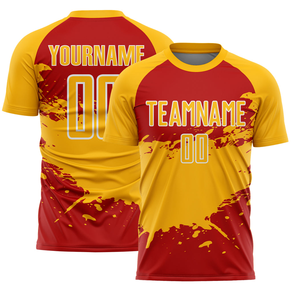 Custom Gold Red-White Splash Color Block Sublimation Soccer Uniform Jersey