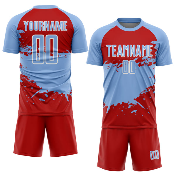 Custom Light Blue Red-White Splash Color Block Sublimation Soccer Uniform Jersey