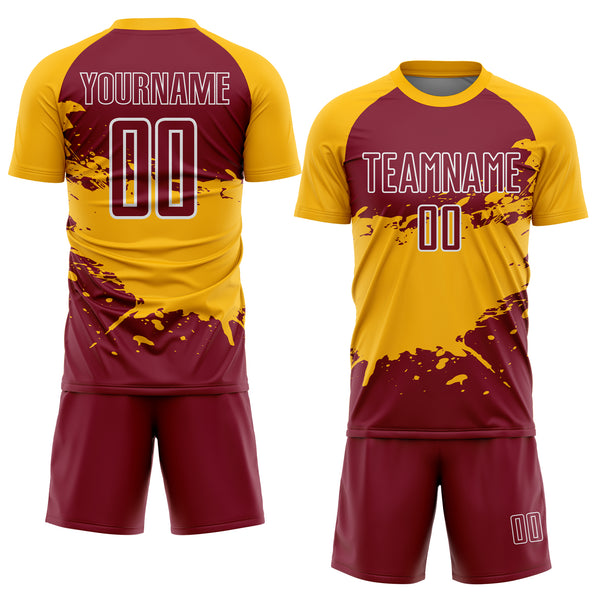 Custom Gold Crimson-White Splash Color Block Sublimation Soccer Uniform Jersey