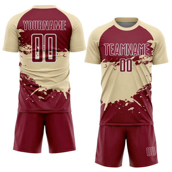 Custom Cream Crimson-White Splash Color Block Sublimation Soccer Uniform Jersey