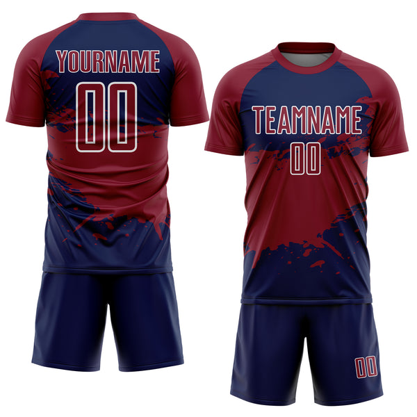 Custom Crimson Navy-White Splash Color Block Sublimation Soccer Uniform Jersey