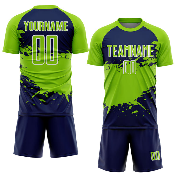 Custom Neon Green Navy-White Splash Color Block Sublimation Soccer Uniform Jersey