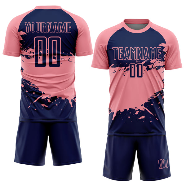 Custom Medium Pink-Navy Splash Color Block Sublimation Soccer Uniform Jersey