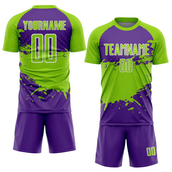 Custom Neon Green Purple-White Splash Color Block Sublimation Soccer Uniform Jersey
