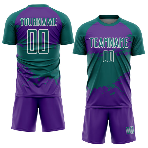 Custom Teal Purple-White Splash Color Block Sublimation Soccer Uniform Jersey