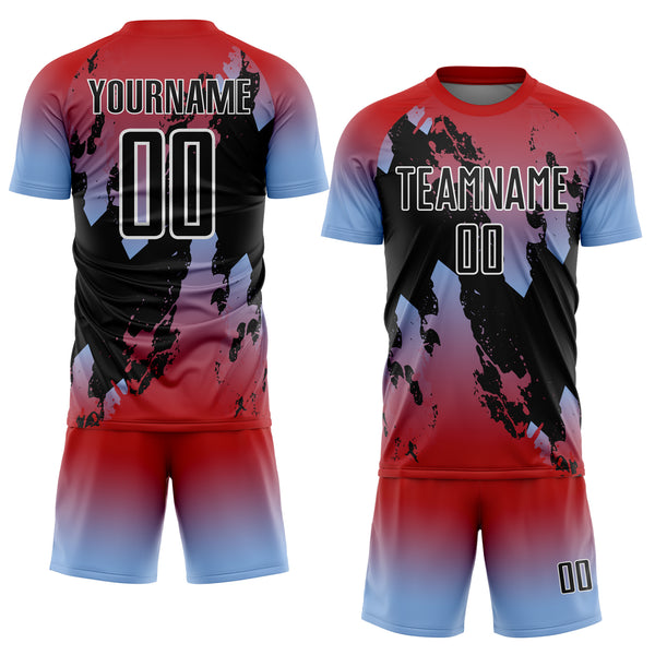 Custom Red Black Light Blue-White Gradient Splash Sublimation Soccer Uniform Jersey
