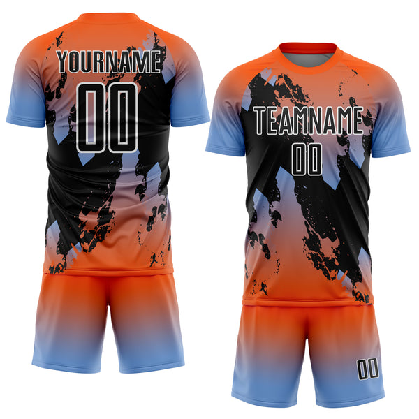 Custom Orange Black Powder Blue-White Gradient Splash Sublimation Soccer Uniform Jersey