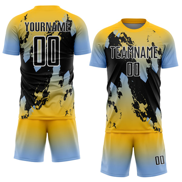 Custom Gold Black Light Blue-White Gradient Splash Sublimation Soccer Uniform Jersey