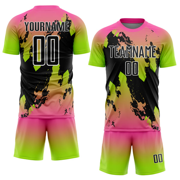 Custom Pink Black Neon Green-White Gradient Splash Sublimation Soccer Uniform Jersey