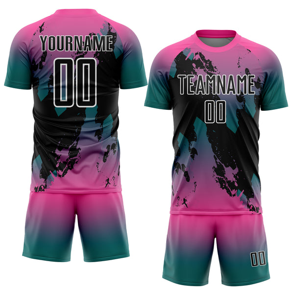Custom Pink Black Teal-White Gradient Splash Sublimation Soccer Uniform Jersey