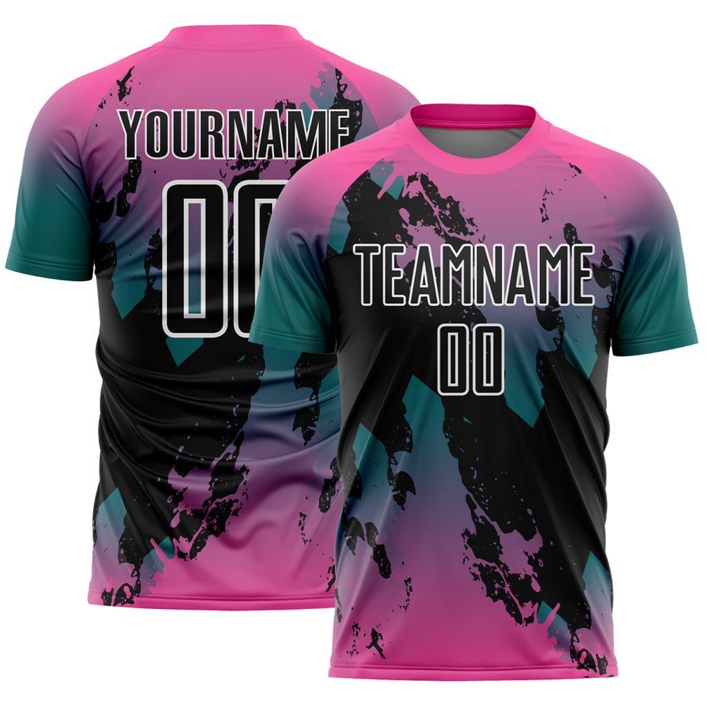 Custom Pink Black Teal-White Gradient Splash Sublimation Soccer Uniform Jersey