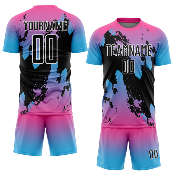 Custom Pink Black Sky Blue-White Gradient Splash Sublimation Soccer Uniform Jersey