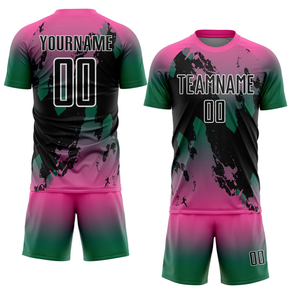 Custom Pink Black Kelly Green-White Gradient Splash Sublimation Soccer Uniform Jersey