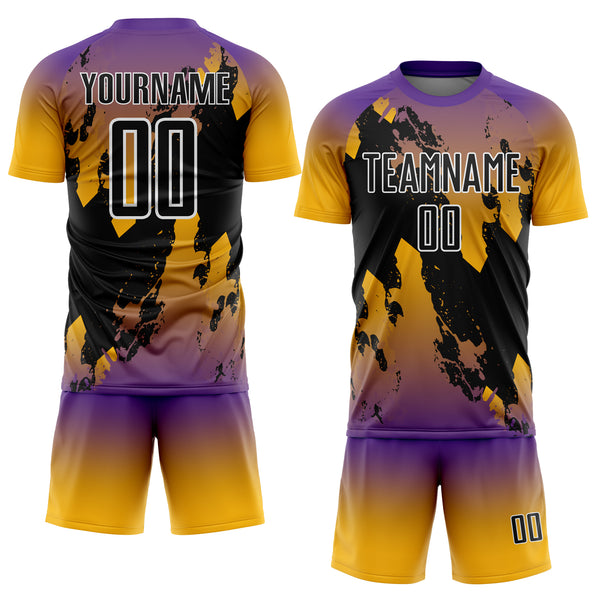 Custom Purple Black Gold-White Gradient Splash Sublimation Soccer Uniform Jersey
