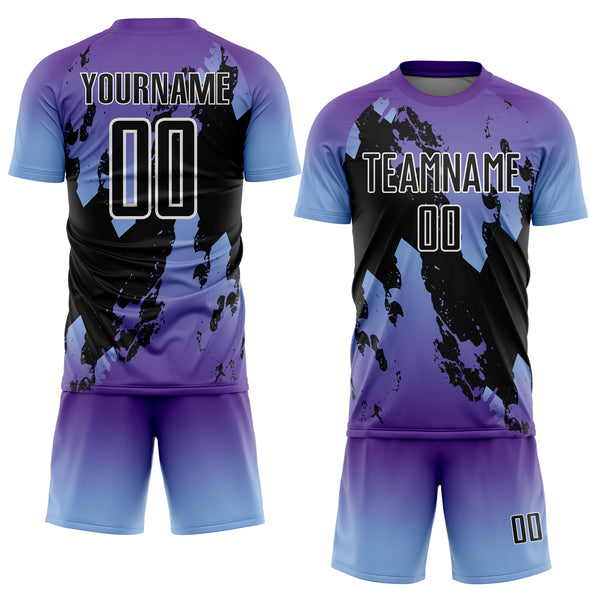 Custom Purple Black Light Blue-White Gradient Splash Sublimation Soccer Uniform Jersey