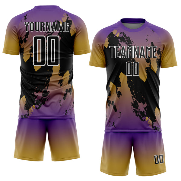 Custom Purple Black Old Gold-White Gradient Splash Sublimation Soccer Uniform Jersey