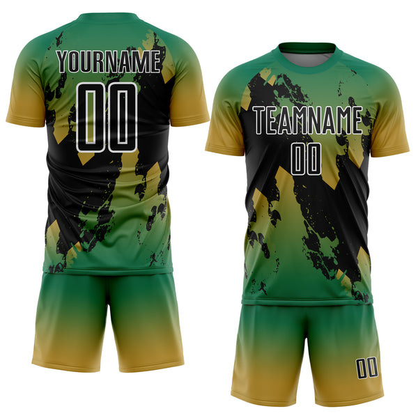 Custom Kelly Green Black Old Gold-White Gradient Splash Sublimation Soccer Uniform Jersey