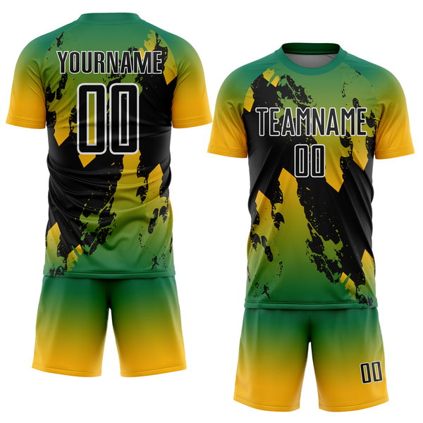 Custom Kelly Green Black Gold-White Gradient Splash Sublimation Soccer Uniform Jersey