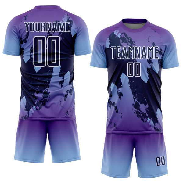 Custom Purple Navy Light Blue-White Gradient Splash Sublimation Soccer Uniform Jersey