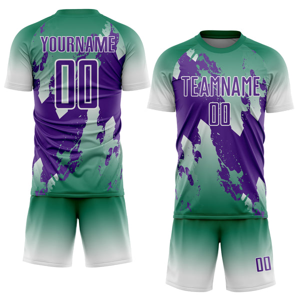 Custom Kelly Green Purple-White Gradient Splash Sublimation Soccer Uniform Jersey