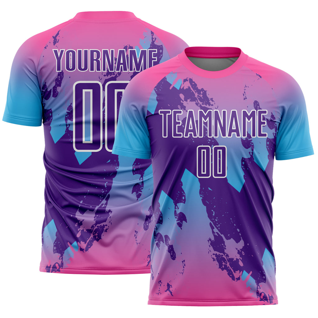 Custom Pink Purple Sky Blue-White Gradient Splash Sublimation Soccer Uniform Jersey