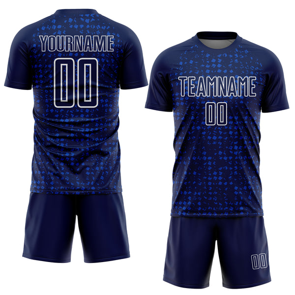 Custom Navy Thunder Blue-White Digital Geometric Fragment Speckles Sublimation Soccer Uniform Jersey