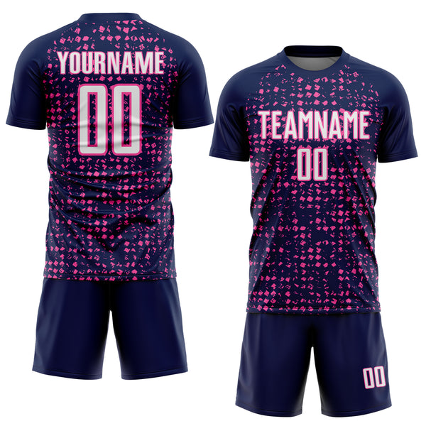 Custom Navy White-Pink Digital Geometric Fragment Speckles Sublimation Soccer Uniform Jersey